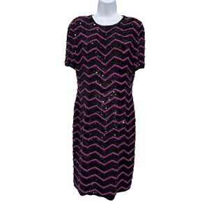 VTG 80s Glam Joan Leslie Black Silk Pink Chevron Sequin Dress Cocktail Size S?